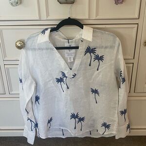 Calypso St. Barth Cream Linen Shirt Coverup with Navy Logo Detail